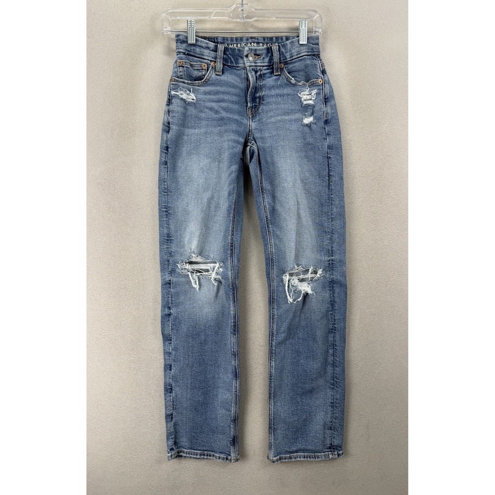 American‎ Eagle Curvy Straight Jeans 000 Distressed Mid Rise Blue Denim